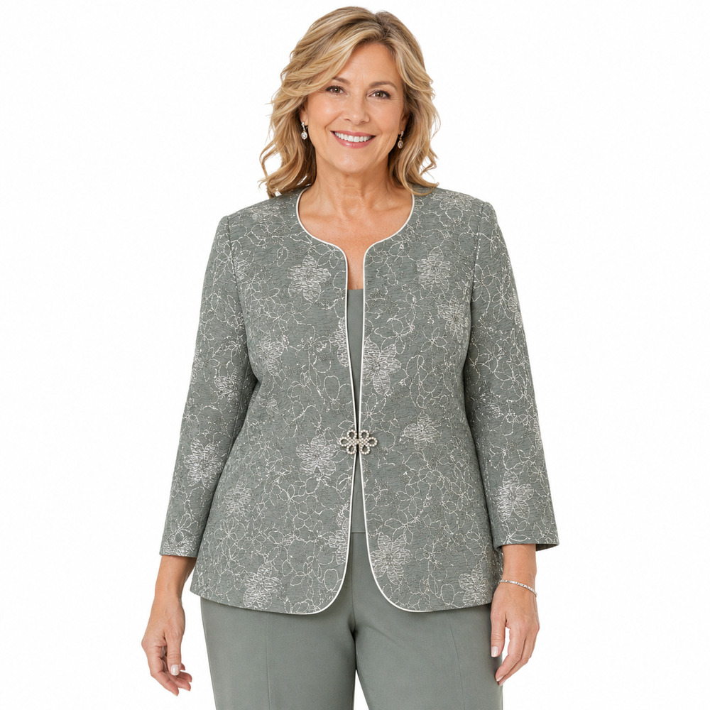 Alex Evenings Petite Sage Green Silver Floral Stretch Formal Jacket Blazer sz L